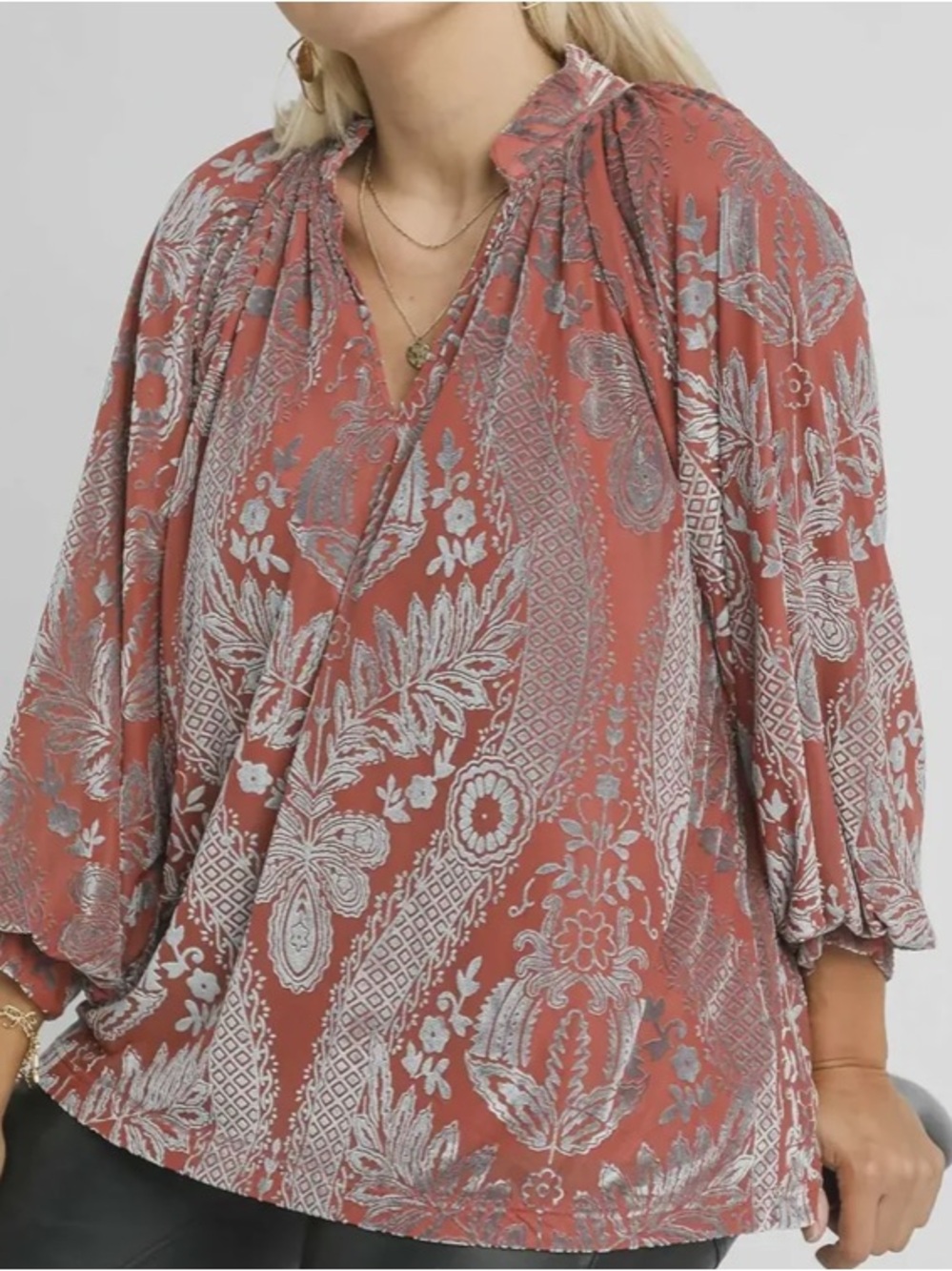 Umgee Damask Print Velvet Split Neck Top - Dusty Rose
